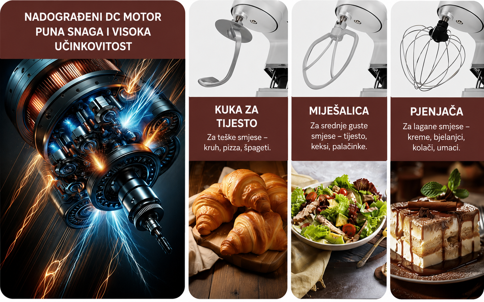 Nadograđeni DC motor te kuka za tijesto, miješalica i pjenjača s primjerima pripremljenih recepata